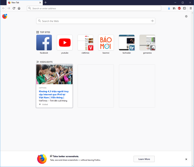 Giao diện sử dụng khi bật Tab mới của Firefox Quantum