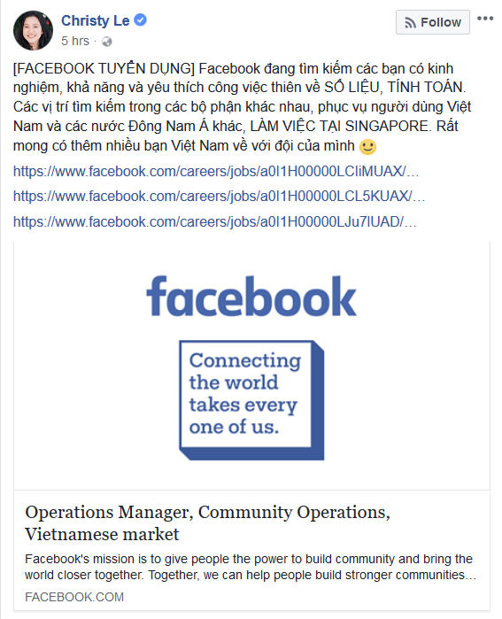 Tân CEO Facebook Việt Nam đăng tuyển nhân sự làm việc tại Singapore - ảnh 1