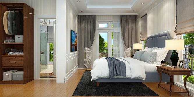 Phòng ngủ chính nằm trên tầng 2 của biệt thự.