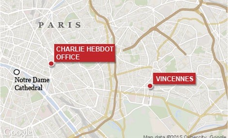 Ảnh chụp hiện trưởng vụ bắt cóc con tin tại Porte de Vincennes gần Paris. Ảnh: Telegraph.