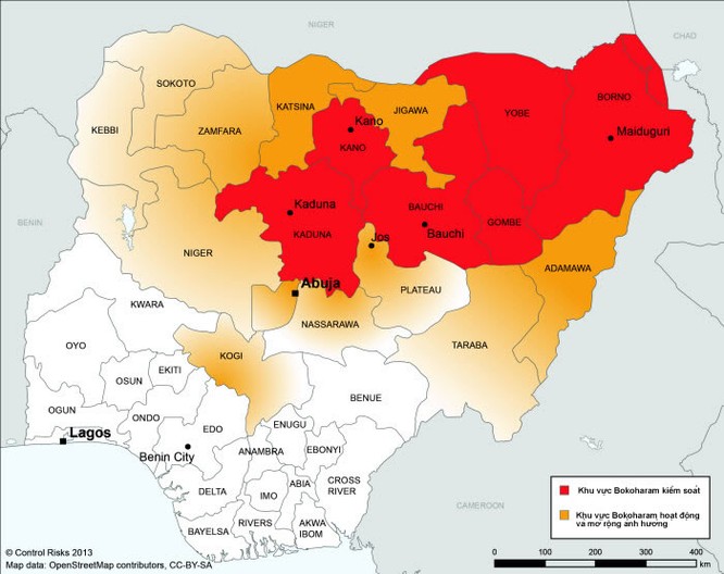 Bản đồ khu vực chiếm cứ và hoạt động của Boko Haram