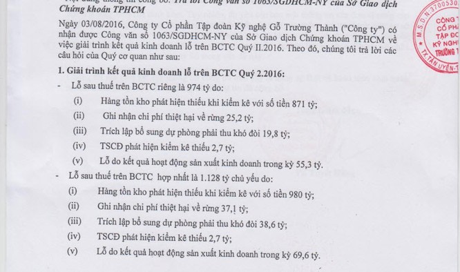 Gỗ Trường Thành giải trình về việc “bỗng dưng” lỗ nghìn tỷ - ảnh 1