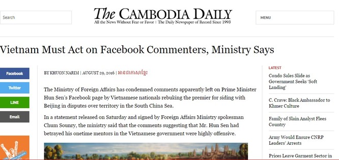 Việt Nam lên tiếng việc facebooker bình luận về Thủ tướng Campuchia ảnh 1