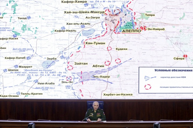 Tướng Sergeu Rudskoi thuộc Bộ tông tham mưu quân đội Nga trong cuôc họp về tình hình chiến sự Aleppo tại Moscow ngày 11/4
