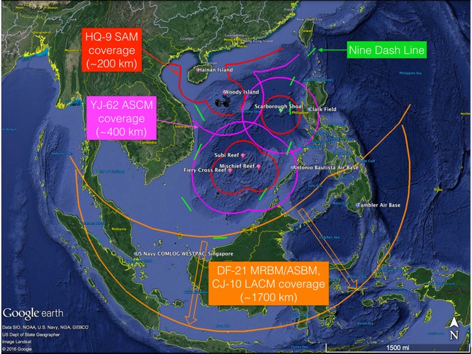 Tầm bắn các loại tên lửa Trung Quốc triển khai ở Biển Đông