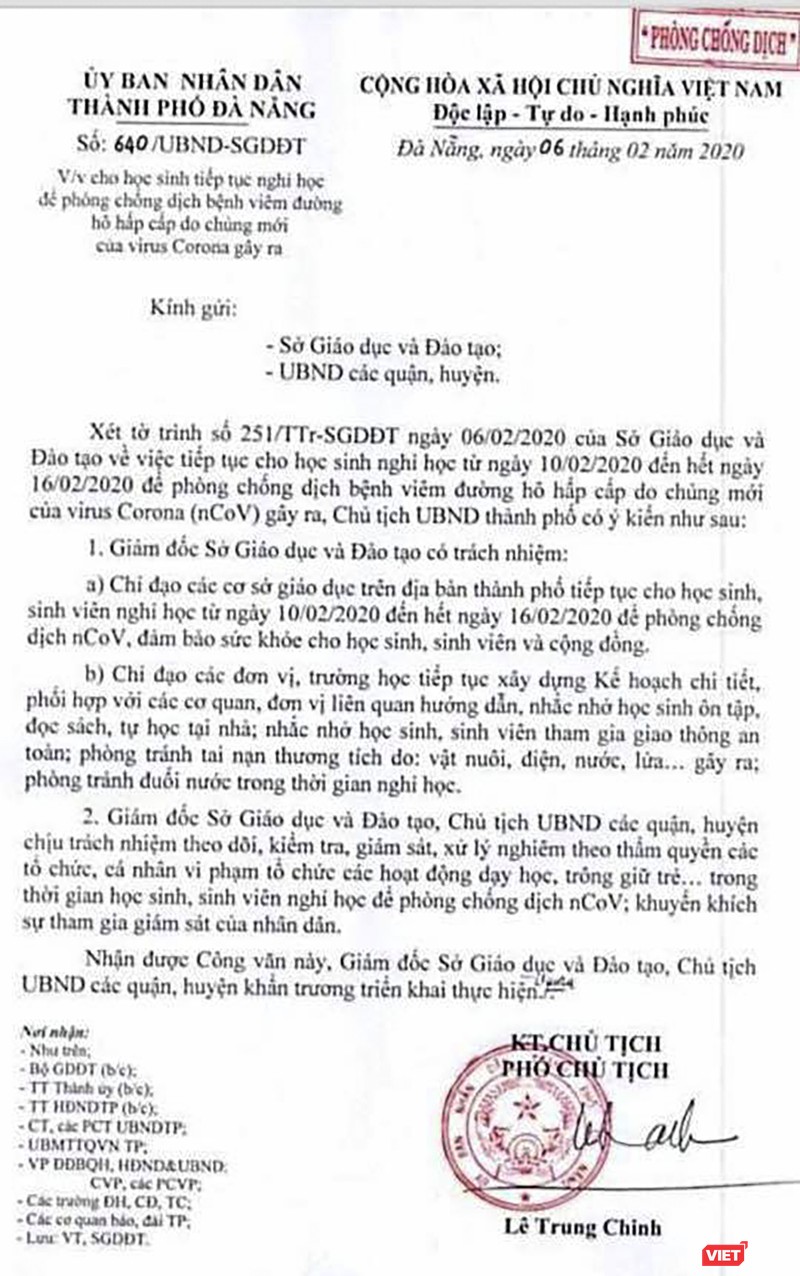Văn bản của UBND TP Đà Nẵng thống nhất đề nghị của Sở GD&ĐT TP Đà Nẵng, đồng ý cho học sinh trên địa bàn tiếp tục nghỉ học từ ngày 10/2 - 16/2 để phòng chống dịch do virus Corona gây ra.