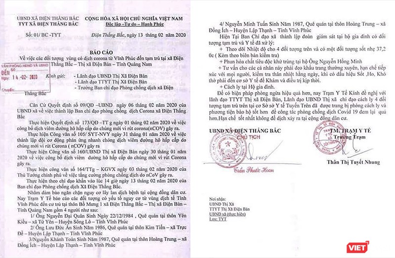 Văn bản báo cáo của y tế địa phương về trường hợp 4 lao động Vĩnh Phúc tại Quảng Nam