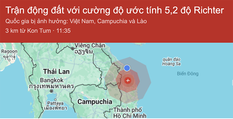 Vị trí trận động đất xảy ra vào khoảng 11h35 ngày 28/7 tại tỉnh KonTum khiến nhiều nhà cửa ở Đà Nẵng bị rung lắc