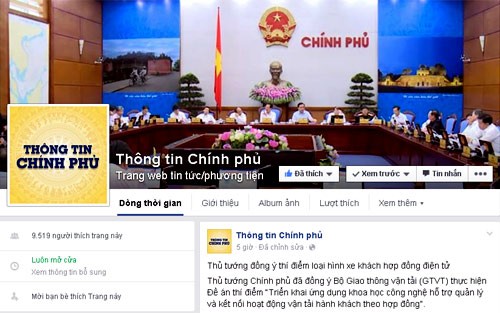 Giao diện tài khoản của Cổng thông tin điện tử Chính phủ trên Facebook.