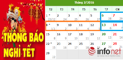 Lịch nghỉ Tết Nguyên đán 2016 chính thức (ô màu xanh là ngày nghỉ hằng tuần, ô màu cam là các ngày nghỉ Lễ)