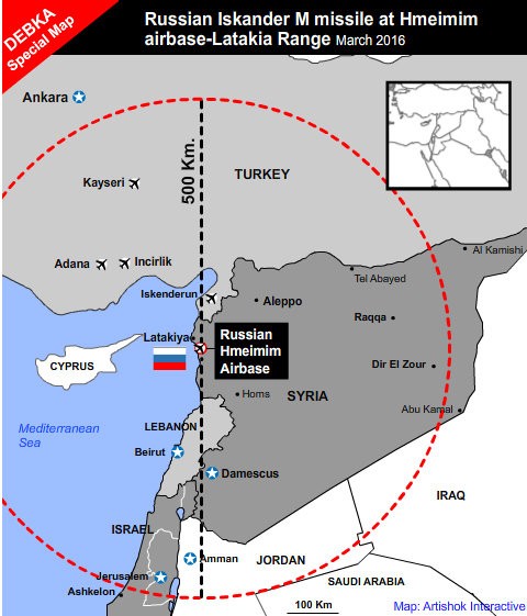 Tầm bắn của tên lửa Iskander - Ảnh: DEBKA