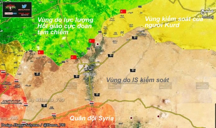 Bản đồ phân vùng lực lượng quanh thành phố Al - Bab phía Bắc Aleppo