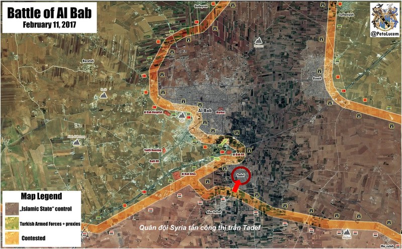 Bản đồ khu vực chiến trường Al-Bab ngày 11.02.2017, quân đội Syria tấn công thị trấn Tadef