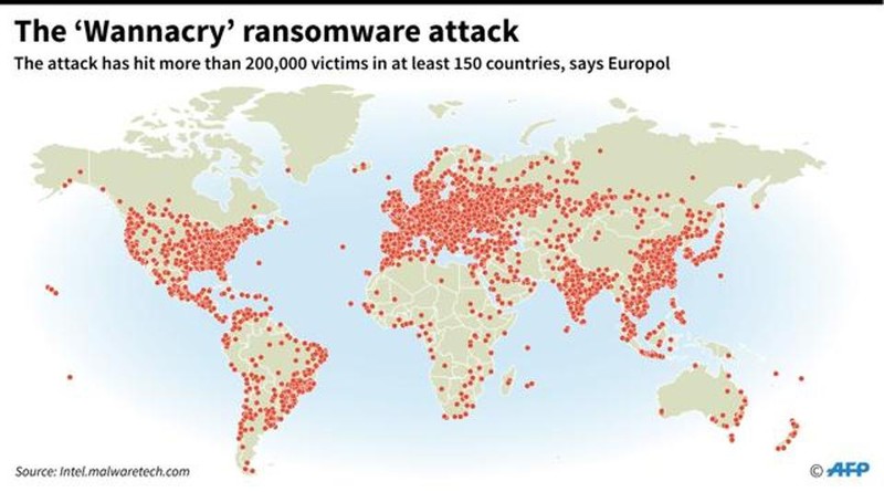 Bản đồ vụ tấn công mạng toàn cầu của phần mềm độc hại WannaCry