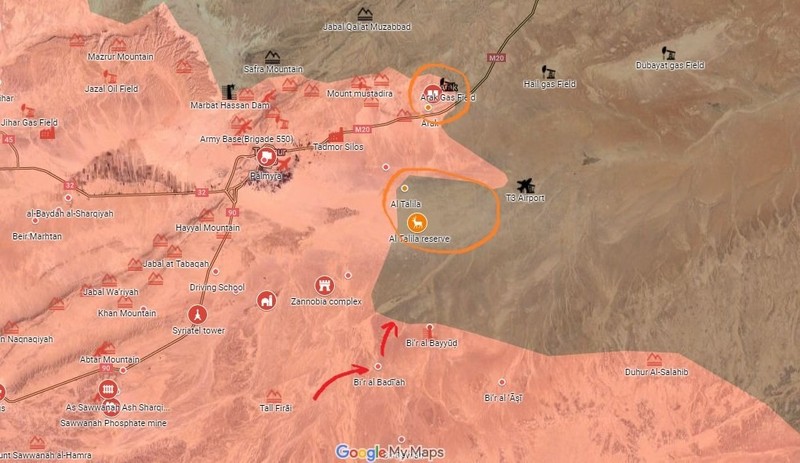 Bản đồ chiến dịch tấn công hướng Palmyra - Deir Ezzor, quân đội Syria đánh chiếm mỏ khí gas Arak