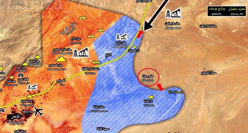 Khu vực chiến trường Tam giác Arak, trạm bơm T3 và khu mỏ dầu khí  Al-Hail trên vùng sa mạc phía đông Palmyra
