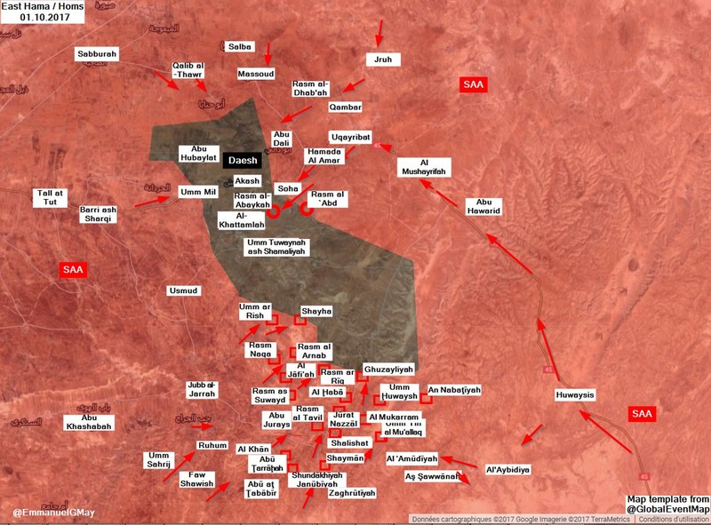 Các mũi tiến công của quân đội Syria trong vòng vây Hama, Homs - ảnh South Front