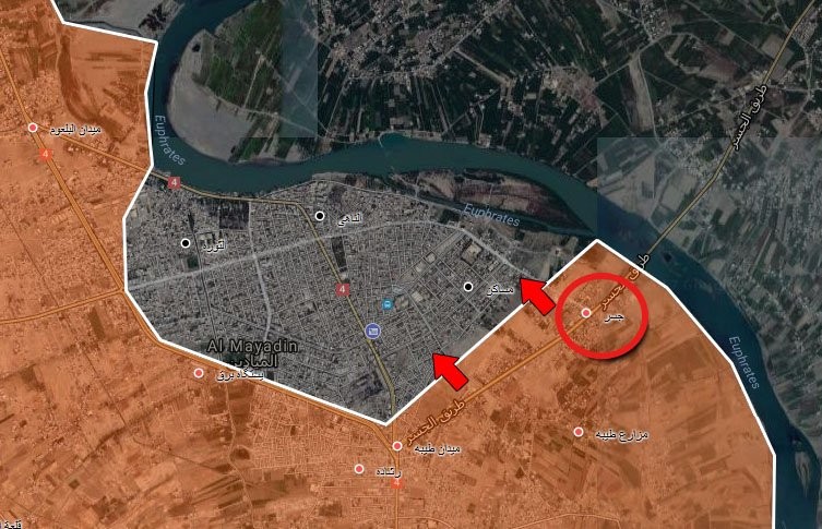 Hướng tấn công của quân đội Syria khi giải phóng thành phố Mayadeen tối ngày 13.10.2017 - ảnh Masdar News