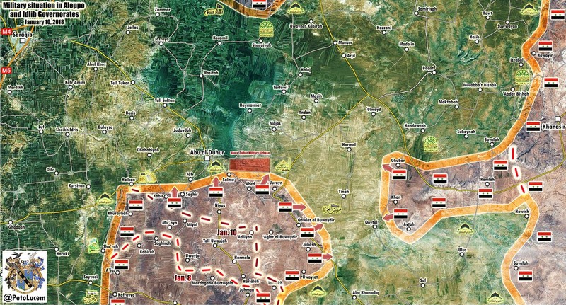 Bản đồ tình hình chiến sự khu vực sân bay Abu Al-Duhur và phía tây nam thành phố Aleppo - ảnh Muraselon