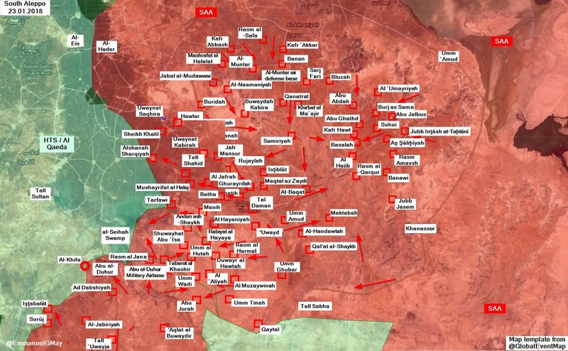 Các mũi tiến công ngày 23.01.2018 trên chiến trường idlib - ảnh Masdar News