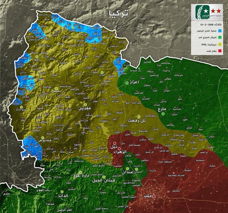 Tình hình chiến sự khu vực Afrin - Aleppo tính đến ngày 13.02.2018 theo Masdar News