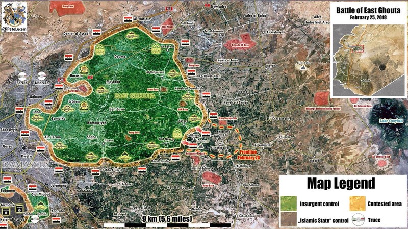 Bản đồ chiến sụ khu vực Đông Ghouta ngày 24 - 25.02.2018 theo South Front