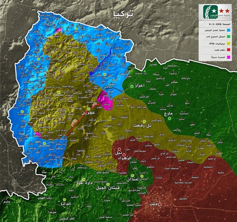 Tình hình chiến sự Afrin, quân đội Thổ Nhĩ Kỳ cách thành phố 2 km. Ảnh truyền thông "đối lập" FSA