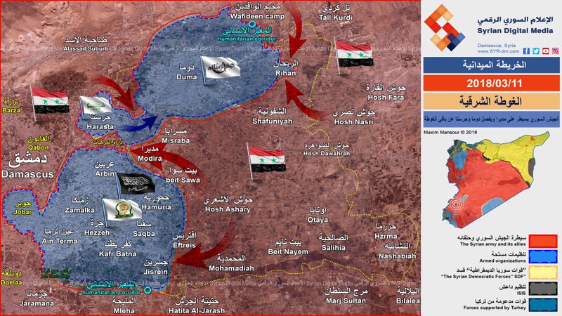 Tình hình thực tế chiến trường Đông Ghouta tính đến hết ngày 11.03.2018 theo Syrian Digital Medai