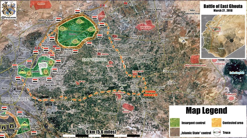 Bản đồ tình hình chiến sự Đông Ghouta tính đến ngày 27.03.2018 theo Soouth Front