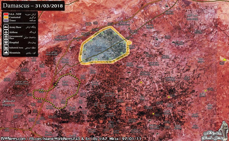 Tình hình chiến sự khu vực Đong Ghouta tính đến cuối ngày 31.03.2018 theo Sout Front