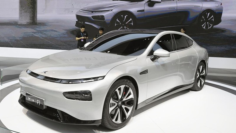 Xe điện Xpeng P7 được trưng bày tại Auto Shanghai 2019. / VCG