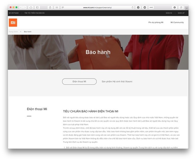 Website về quy định bảo hành của Xiaomi tại Việt Nam