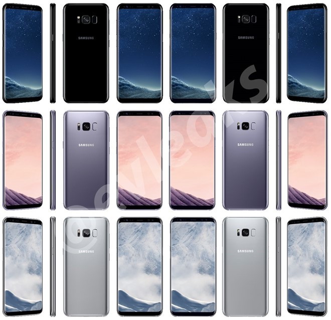 Bức ảnh render cho thấy thiết kế mặt trước và sau của Galaxy S8 với 3 màu mới: Black Sky, Orchid Grey và Arctic Silver.Ảnh: Twitter.
