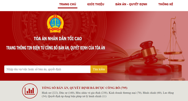 Trang chủ của trang điện tử công bố bản án