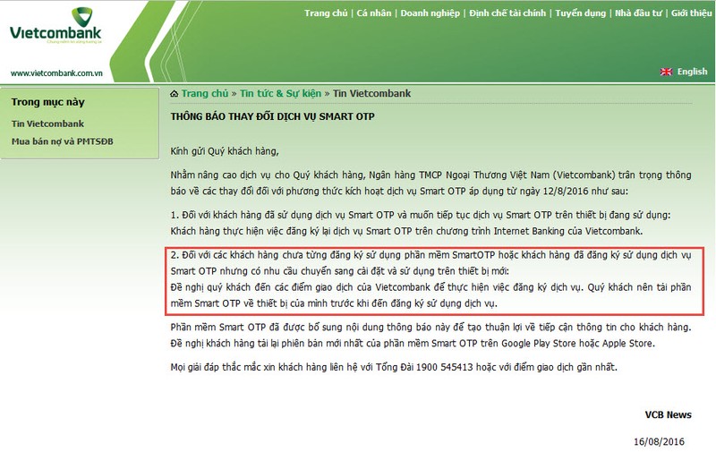 Thông báo trên website của Vietcombank