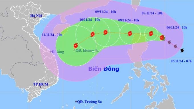 Dự báo hướng đi của bão Yinxing.