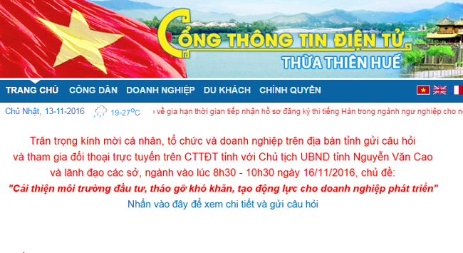 Lãnh đạo Thừa Thiên Huế sẽ đối thoại trực tuyến với cá nhân, tổ chức, doanh nghiệp... về môi trường đầu tư, kinh doanh.