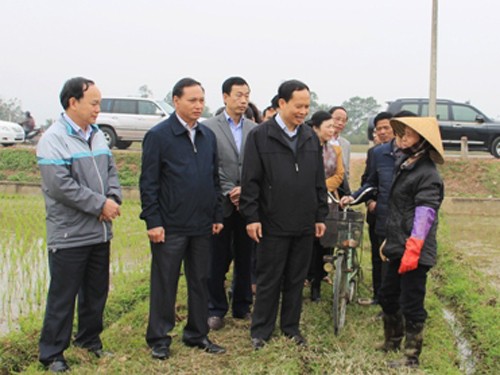 Bí thư Tỉnh ủy Thanh Hóa Trịnh Văn Chiến (thứ 4 từ trái qua) đang đối thoại với người dân trong một lần kiểm tra tình hình gieo cấy tại xã Thái Hòa, huyện Triệu Sơn, vào tháng 2 vừa qua - Ảnh: Cổng TTĐT tỉnh Thanh Hóa