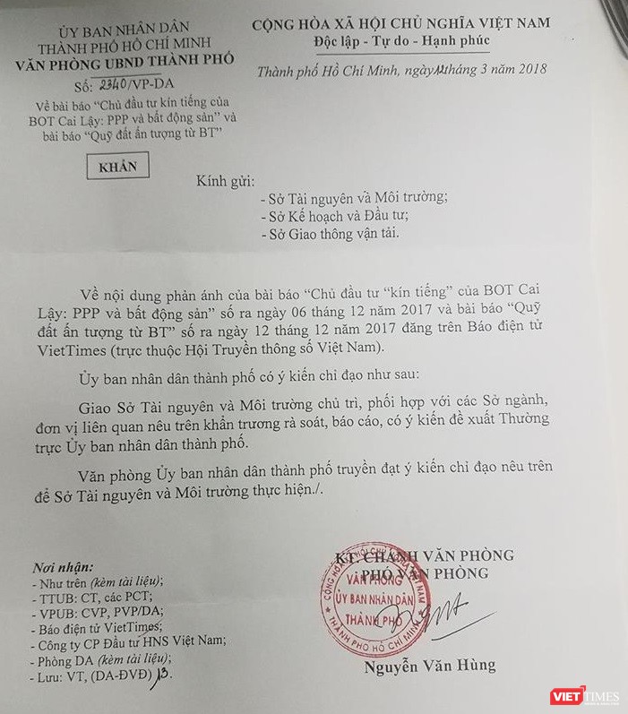 Công văn số 2340/VP-DA ngày 12/3/2018 của Văn phòng Ủy ban Nhân dân Thành phố Hồ Chí Minh.