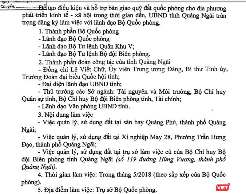 Quảng Ngãi đăng ký làm việc với Bộ Quốc phòng, “xin” quỹ đất để phát triển KT-XH. (Ảnh chụp văn bản)