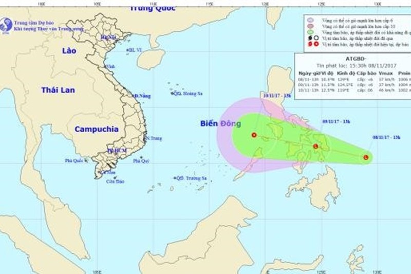 Theo dự báo, đến 13 giờ ngày 9.11, vị trí trung tâm vùng áp thấp ở vào khoảng 11,5 độ Vĩ Bắc; 124,5 độ Kinh Đông, trên khu vực miền Trung Philippines. Ảnh: NCHMF