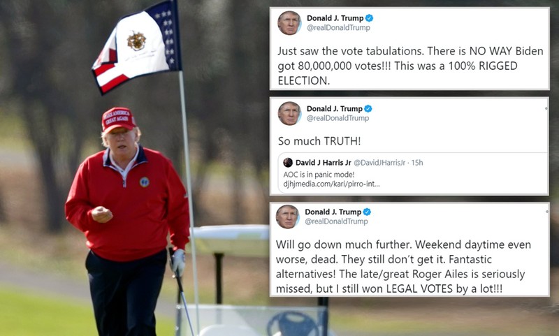 Tổng thống Trump đi đánh golf và tung loạt tweet cáo buộc bầu cử gian lận (Ảnh: DailyMail)