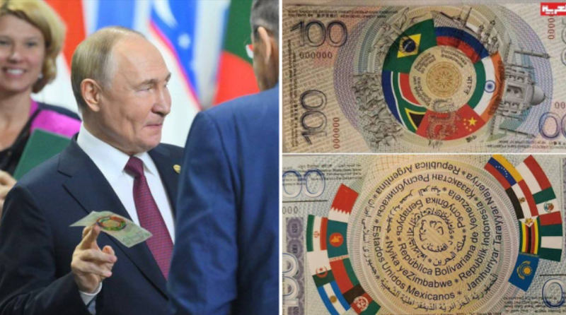 Tổng thống Nga Vladimir Putin xuất hiện cùng tờ tiền giấy lạ tại hội nghị thượng đỉnh BRICS (Ảnh: Getty)