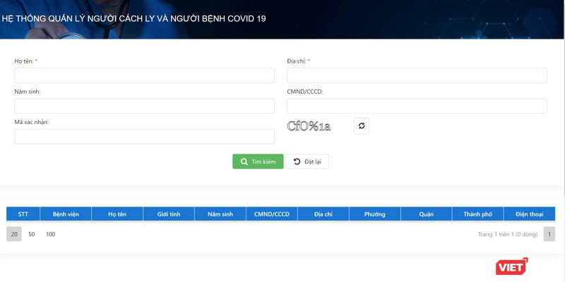 Giao diện trang tra cứu thông tin người đang điều trị COVID-19 tại trang web Sở Y tế TP.HCM.