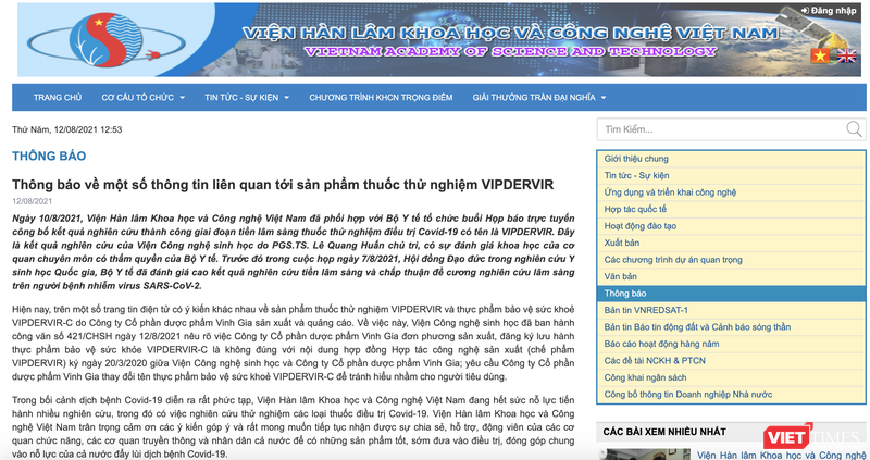 Thông báo về một số thông tin liên quan tới sản phẩm thuốc thử nghiệm VIPDERVIR của Viện Hàn lâm Khoa học và Công nghệ Việt Nam (Ảnh - VT) 