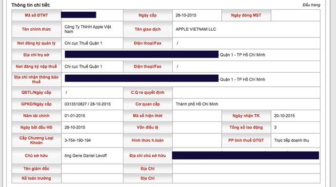 Thông tin về việc Apple đăng ký công ty tại Việt Nam - Ảnh chụp màn hình