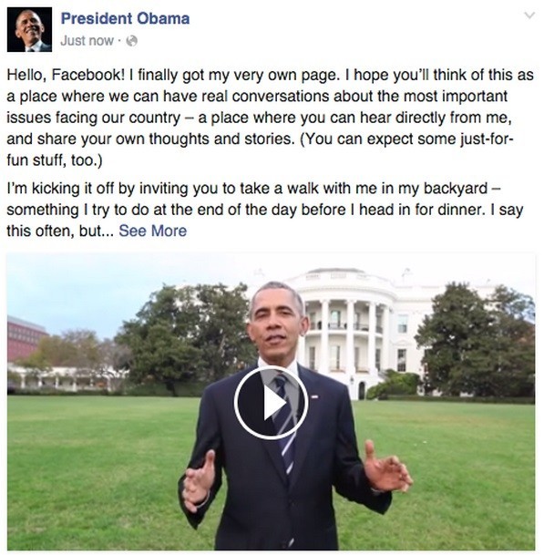 Bài đăng đầu tiên trên Facebook chính thức của Tổng thống Barack Obama. Ảnh chụp màn hình