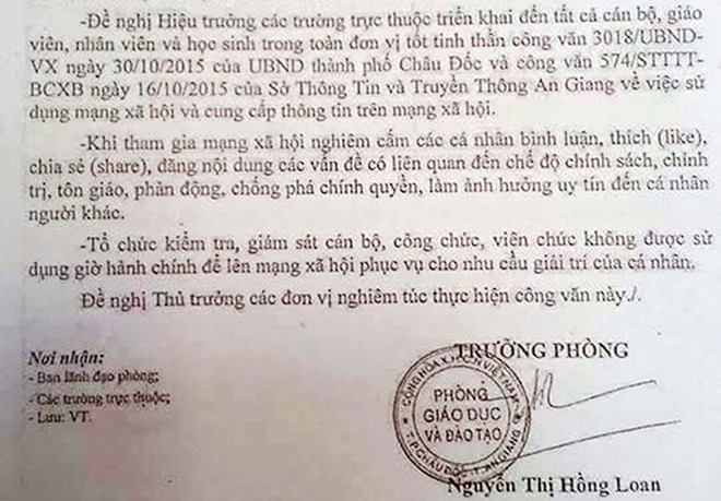 Công văn của Phòng Giáo dục và Đào tạo TP Châu Đốc, An Giang. Ảnh: CTV