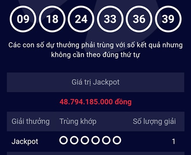 Kết quả mở thưởng kỳ 72 xác định 1 vé trúng giải Jackpot với dãy số may mắn 09-18-24-33-36-39.