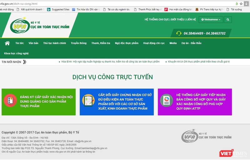 Cổng dịch vụ công trực tuyến của Cục ATTP. 
